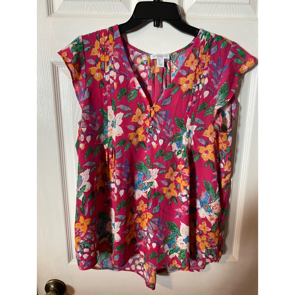 Carolina Belle Montreal Pink Floral Pintuck Cap Sleeve Blouse Top Womens Large